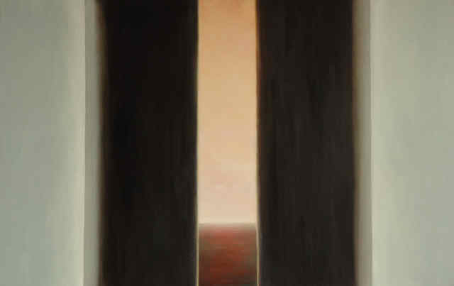 Untitled #11 2007 is a 55” X 86” Oil on canvas that uses architectural elements to frame a central abstracted landscape